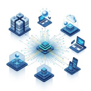 An isometric illustration showing a central glowing data hub connected by lines to various IT components: multiple servers, laptops, cloud icons, virtual machine representations, and mobile devices, all symbolizing a comprehensive data backup and recovery solution across an entire IT environment.