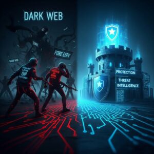 An illustration depicting a stark contrast between the dark web, represented by shadowy figures and tangled roots, and a bright, secure digital fortress symbolizing robust cybersecurity and data protection. The fortress is illuminated with glowing shields and network lines, emphasizing threat intelligence and defense against the ominous, red-tinged dark web.