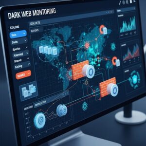 A detailed illustration of a computer screen displaying a dark web monitoring dashboard with intricate visualizations of cybercrime activities and stolen data, emphasizing the critical need for digital security. The screen shows a complex network map with highlighted nodes representing compromised systems, data breaches, and malware infections. Stolen data is depicted as encrypted files moving across the network, while security measures are represented as firewalls and encryption algorithms, illustrating the ongoing battle between cybercriminals and security professionals.