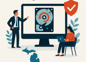 Promotional graphic for CyberProtect LLC showcasing expert data recovery services in Michigan. Features a computer monitor displaying a broken hard drive icon with a recovery symbol, flanked by a professional man in a suit and a woman using a laptop. A shield with a checkmark represents secure protection. The dark blue Michigan state silhouette anchors the design against a light beige background.