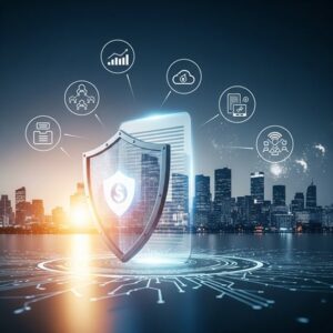 A stylized digital shield protecting a document, set against a backdrop of a city skyline at sunset. Glowing lines extend from the shield to various icons symbolizing business operations: data analytics, cloud computing, document management, and team collaboration, highlighting the continuous flow and protection of business data.