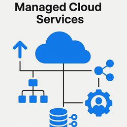 Managed IT Services Roseville by CyberProtect Stylized vector graphic representing Managed Cloud Services. A central blue cloud icon anchors the design, surrounded by sleek, modern icons symbolizing core features: cloud migration, scalable storage, team collaboration, infrastructure customization, and expert support. Clean lines, minimalist color palette of blue and gray, and clear visual hierarchy give it a professional, tech-forward appeal.
