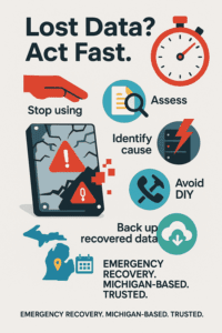 Data loss recovery infographic showing steps to restore lost files—stop device use, assess damage, find cause, skip DIY fixes, and contact Michigan-based experts for emergency data retrieval.