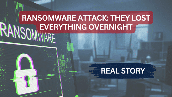 Visual of a ransomware attack on a computer screen, signifying a critical data loss event and the urgent need for business cybersecurity.