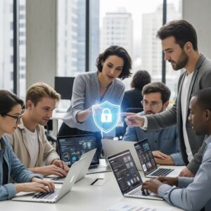  In a bright office, five colleagues are gathered at a table, looking at their laptops, which show various digital security information. A luminous shield and lock graphic hovers over their discussion, highlighting the importance of cybersecurity awareness. The group appears to be actively learning and collaborating on digital protection strategies.