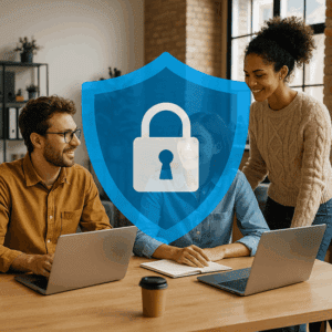 cybersecurity for startups a digital shield overlaying a vibrant startup workspace, symbolizing proactive cybersecurity, trust, and protection from day one. Let me know if you'd like alternate styles—like minimalist, isometric, or Michigan-themed.