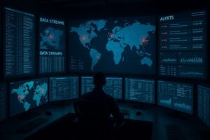Dark command center with glowing monitors displaying threat maps, data streams, and alert dashboards, operated by cybersecurity analysts.