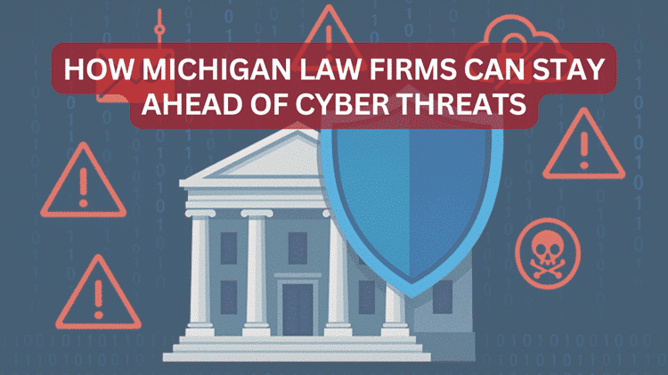 a government-style building with a large blue shield in front, symbolizing cybersecurity protection. Surrounding the building are red warning icons, including exclamation marks, a phishing email symbol, a cloud with a padlock, and a skull, representing various cyber threats.