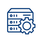 Hardware and on‑premise IT infrastructure icon showing a server rack with gear, representing physical equipment setup and lifecycle management by Cyber Protect LLC