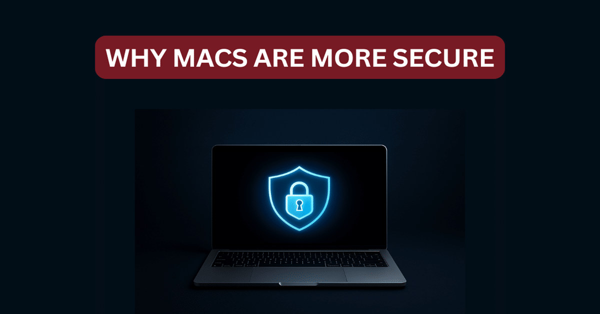 MacBook with glowing padlock and shield overlay on dark blue background representing cybersecurity protection and Mac security