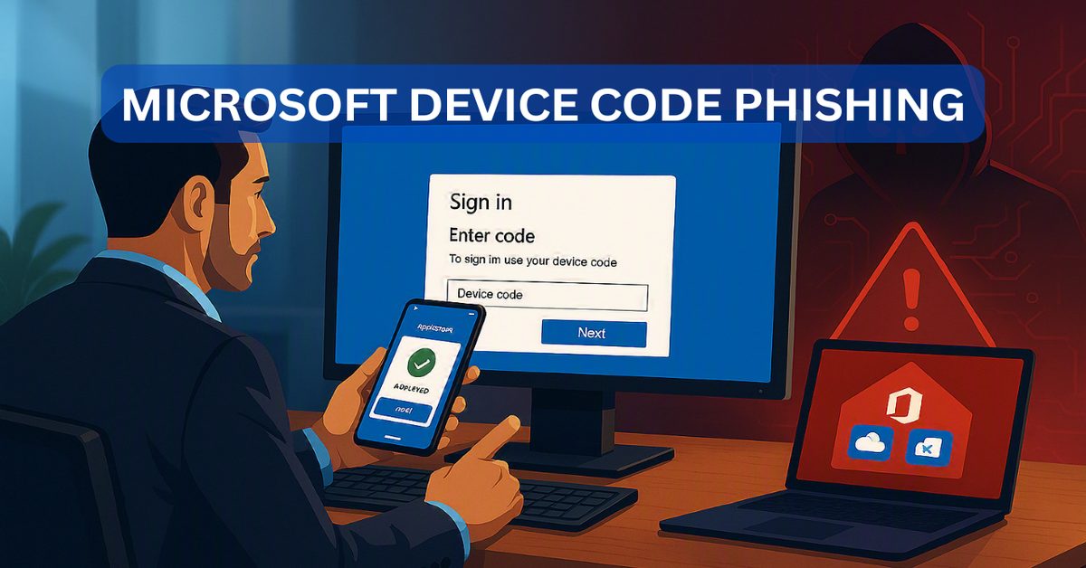 Microsoft device code phishing attack showing a user approving Microsoft 365 authentication while an attacker gains account access