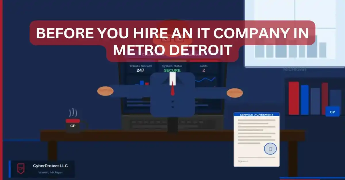 Michigan small business owner reviewing managed IT provider options at a desk in a Metro Detroit office