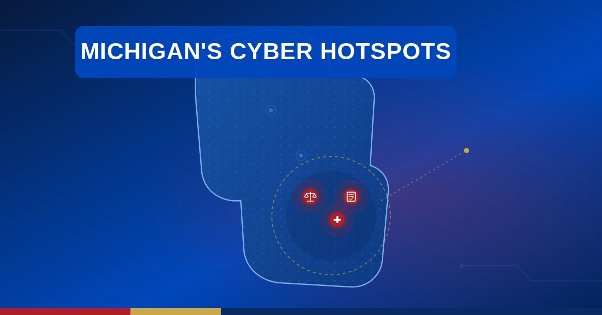 Map of Michigan highlighting AI cyberattack hotspots targeting law, healthcare, and accounting firms in Metro Detroit
